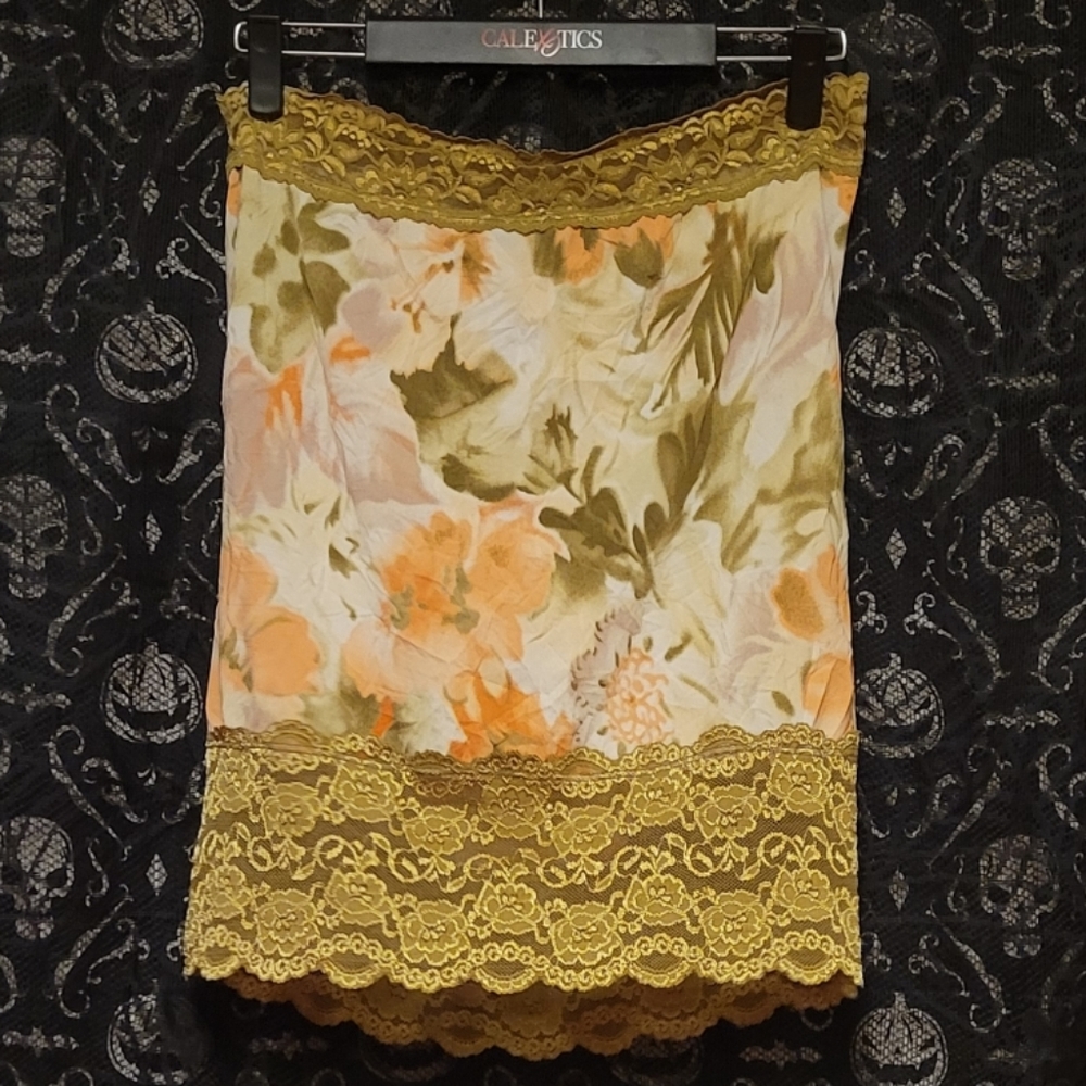 Vtg Y2K Vanity olive grn floral lace strapless keyhole crinkle tube top 1X NWOT - Picture 6 of 16